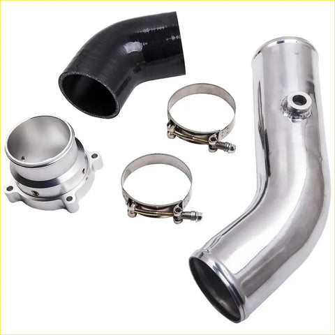Shiny chrome turbocharger intake manifold with black rubber elbow and clamps in maxpeedingrods cold side pipe kit for 4wd ute offroad