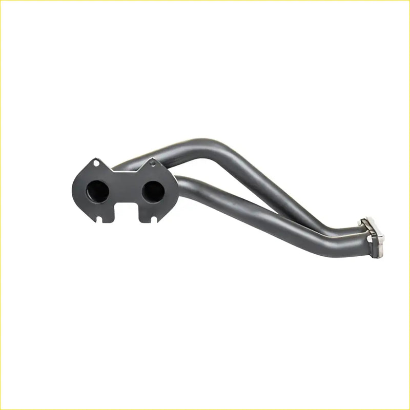 Black metal exhaust manifold with two circular inlets and curved design for mazda rx7 12a extractor gasket mag701