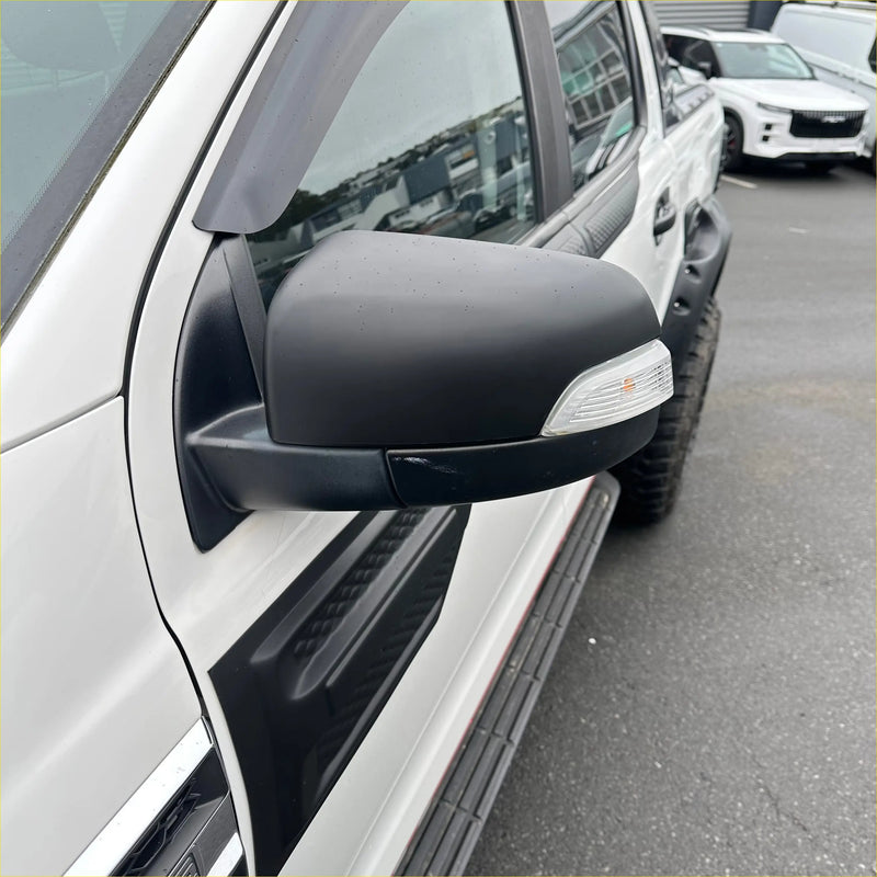 Black matte side mirror cover with integrated turn signal for ford ranger px1 px2 px3 2012-2021 on white truck
