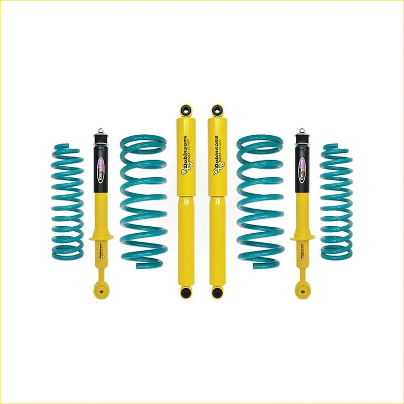Yellow and teal coilover suspension kit with black dobinsons shock absorbers for mitsubishi challenger 2008 to 2015