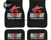 Black mitsubishi ralliart custom print floor mats with red and white logo and the spirit of competition script