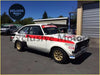 White and red rally race car showing the back side with gold rims and mk2 escort rear forest flare single attached