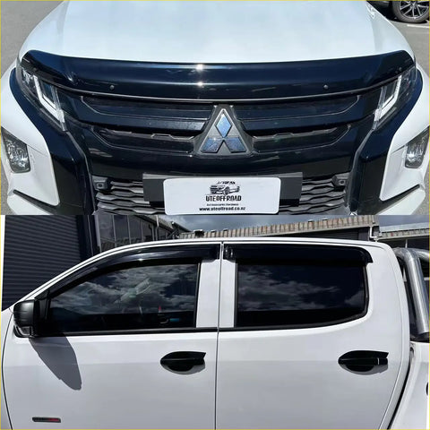 White mitsubishi triton pickup with black front grille and window visors featuring monsoon bonnet guard 2019-2023