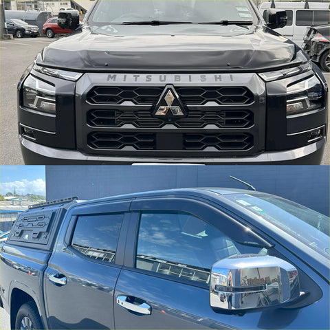 Black mitsubishi triton 2024 with glossy finish chrome accents featuring monsoon and bonnet guard aftermarket style