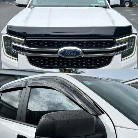Black plastic windshield wiper deflectors with glossy finish installed on white ford ranger 2022+ side panel