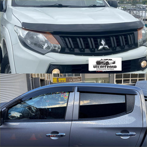 Black plastic front grille with silver mitsubishi logo for monsoon and bonnet guard mitsubishi triton 2015-2018
