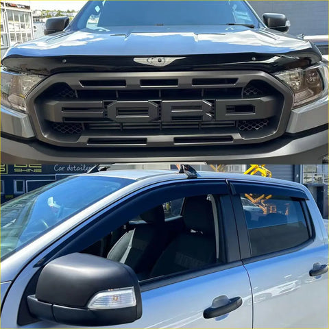 Black matte finish ford ranger grille with bold lettering and honeycomb mesh inserts for monsoon bonnet guard px1 2012-2015