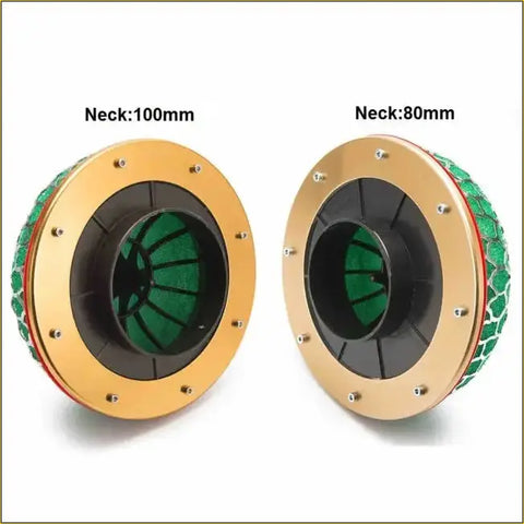 Two mushroom air filters with gold metal frames green mesh exteriors and black inner components for air cleaning