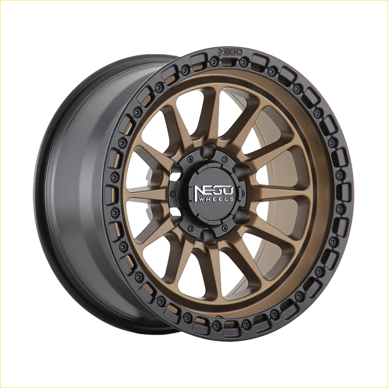 Bronze and black two-tone negru no7 17x8.5 alloy wheel with rugged multi-spoke design and negu wheels logo center