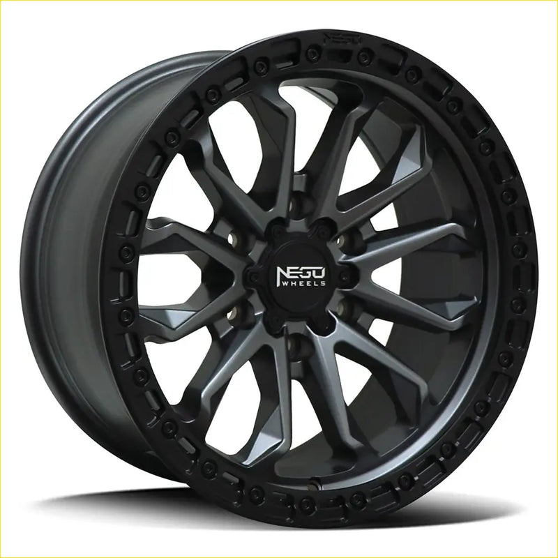 Negro no9 17x8.5 alloy wheel with rugged multi-spoke design in gunmetal and satin black lip colors