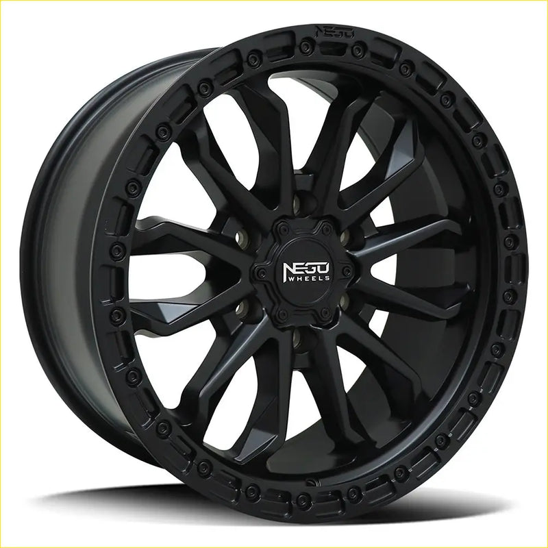 Negro no9 17x8.5 satin black alloy rim with black matte finish rugged multi-spoke design and integrated lug nut caps