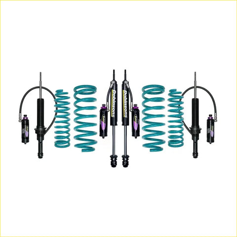 Teal coilover suspension kit with black shock absorbers and purple accents for nissan navara d23 np300 dobinsons monotube remote