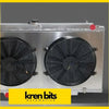 Silver aluminum radiator with two black cooling fans mounted for nissan patrol safari wagon 1997-2003 fan shroud and radiator