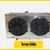 Silver aluminum radiator with two black cooling fans for nissan patrol safari wagon 1997-2003 fan shroud radiator