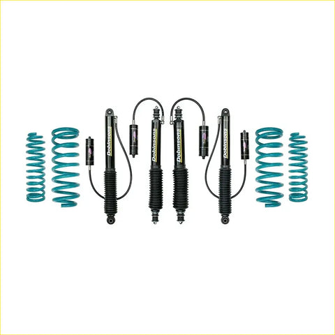 Set of four dobinnsons black monotube shock absorbers with teal coils for nissan patrol y60 gq ute 1992 to 1999