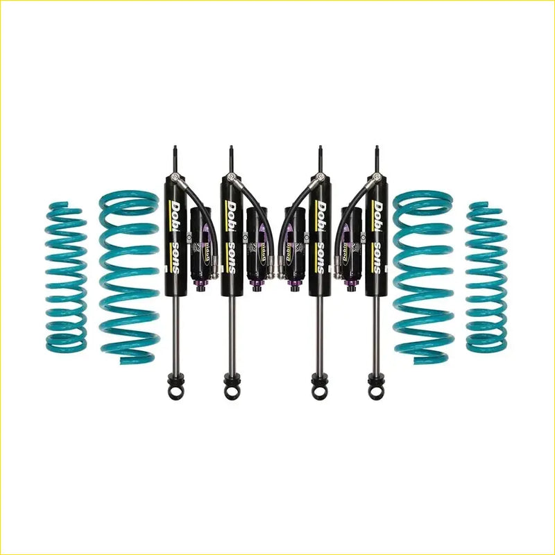 Set of four black dobl soms shocks with teal coil springs for nissan patrol y60 gq y61 gu models from 1987 to 1998