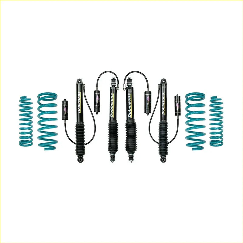 Set of four black dobinsons monotube shock absorbers with teal coil springs for nissan patrol y61 gu ute 1997 on