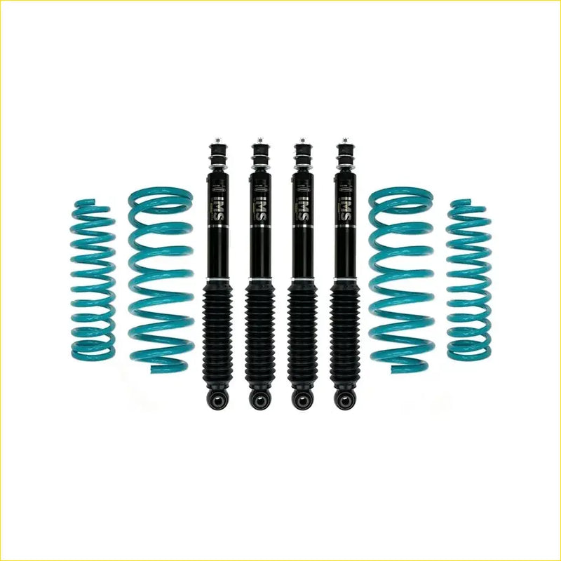 Set of four black Dobinsons ims monotube shock absorbers with teal springs for Nissan Patrol y61 gu wagon 1997 on