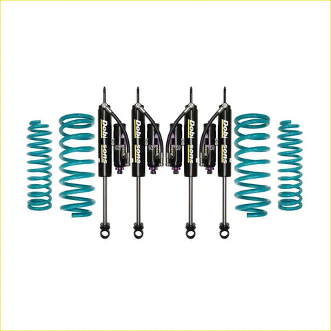 Set of four black dobl soms shocks with teal coil springs for nissan patrol y61 gu wagon 1997 on dobinsons monotube remote