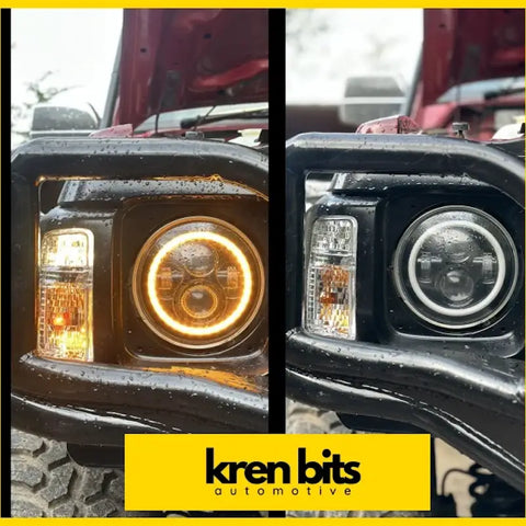 Black circular led halo headlight kit for nissan safari gq with bright white ring and amber turn signal for off-road use