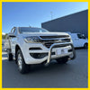 White holden colorado utility truck with chrome nudge bar compatible with front sensors and silver alloy wheels