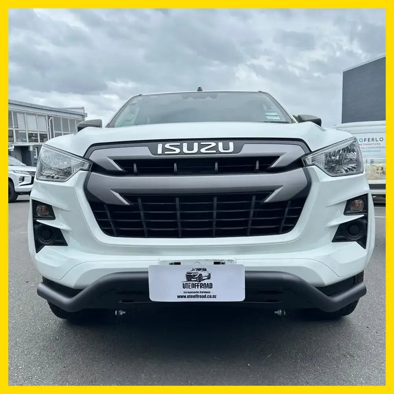White isuzu d-max 2021-2023 pickup with black nudge bar compatible with front sensors and black grille and bumper