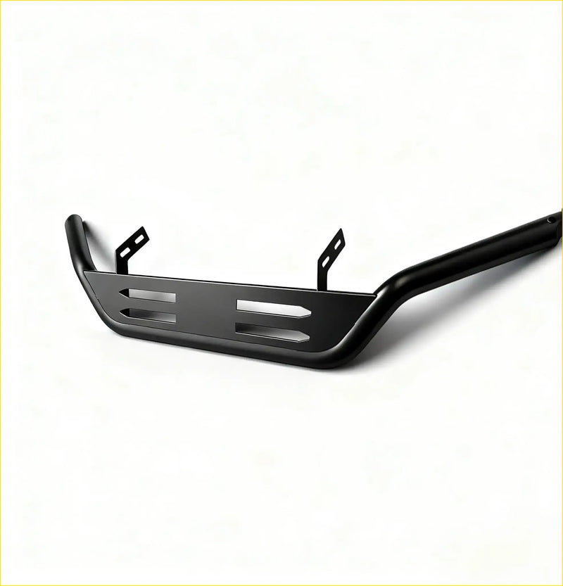 Black matte metal nudge bar with integrated mounting brackets and horizontal slots for mazda bt-50 2021+ front sensors