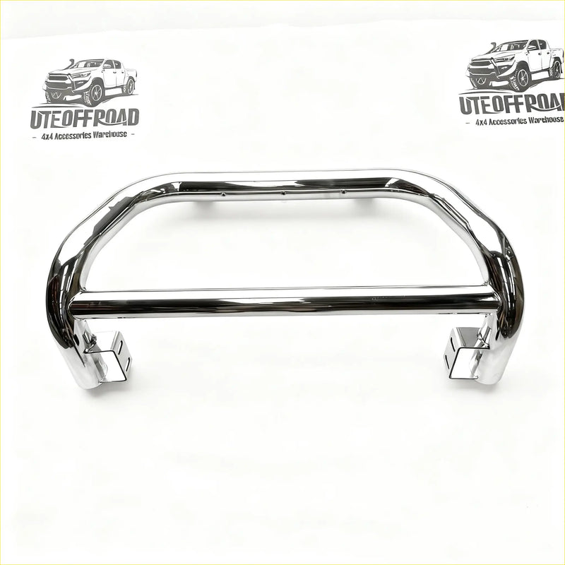Chrome-finished steel nudge bar with sleek curved design and sturdy brackets for medium size nissan navara 2021+ front sensors
