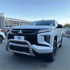 White mitsubishi triton pickup with chrome medium size nudge bar featuring black accents and compatible front sensors