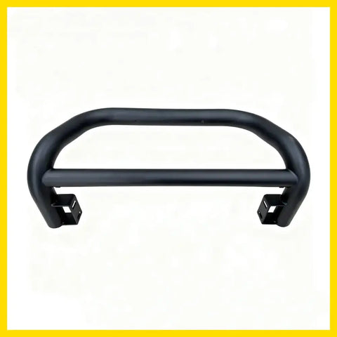 Black metal front bumper guard with curved design and mounting brackets for medium size triton 2019-2023 nudge bar compatible with front sensors