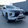 White mitsubishi triton pickup with black accents and chrome medium size nudge bar compatible with front sensors