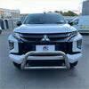 Silver chrome nudge bar with compatible front sensors mounted on the front of a white mitsubishi triton 2019-2023
