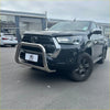 Black toyota hilux with chrome nudge bar compatible with front sensors and black alloy wheels 2015-2025 model