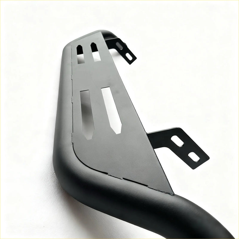 Back side of black matte metal nudge bar with mounting brackets and cutouts for Toyota Hilux Fortuner 2015-2025