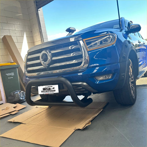 Blue ford ranger with a matte black nudge bar and chrome grille accents for gwm cannon 2019 plus models