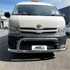 Chrome finished metal nudge bar mounted on white toyota hiace wide body van 2005-2019 front bumper guard