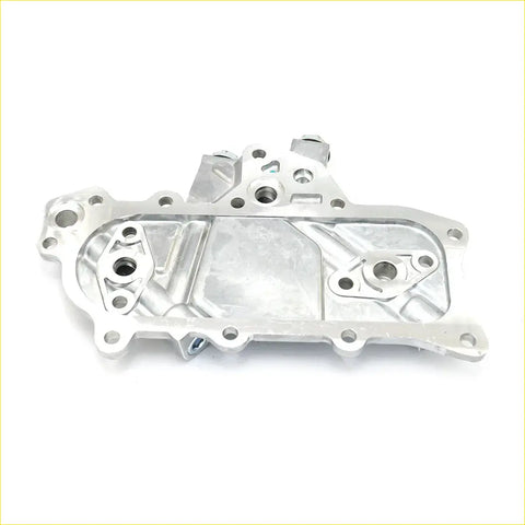 Silver metallic oil cooler cover with machined surfaces and bolt holes for nissan pathfinder terrano 1986-1995