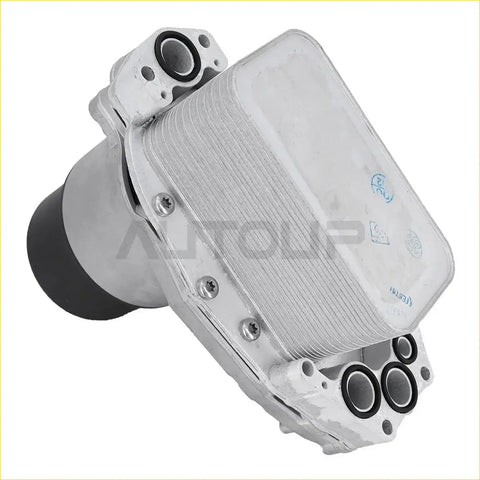 Silver aluminum oil cooler with ribbed heat-exchange surface and black rubber grommets for land rover discovery v6