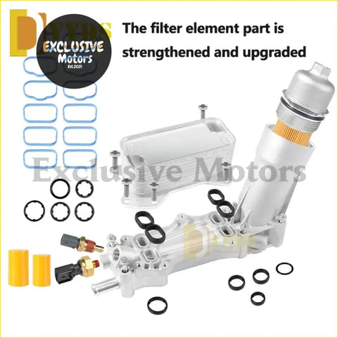 Silver metallic oil filter housing with orange pleated filter and threaded fittings for jeep grand cherokee dodge journey