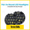 Pair 7in round black led headlights with yellow-tinged bulbs designed for jeep wrangler hi lo drl beam use
