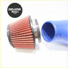 Performance high flow cold air intake filter with red pleated air filter, metallic caps, and blue intake tube