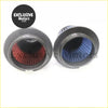 Two performance high flow cold air intake filters with red and blue pleated interiors in black metal housings