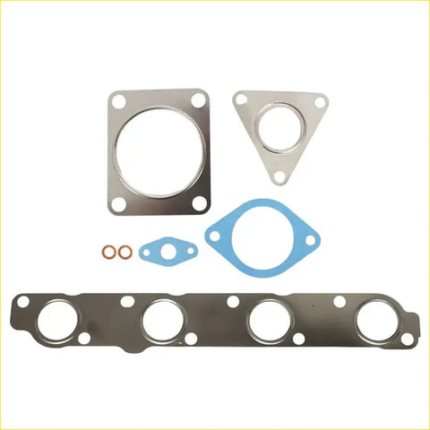 Set of metallic and blue rubber exhaust manifold and turbo gaskets including a long rectangular one with four holes for ford transit 2.4l