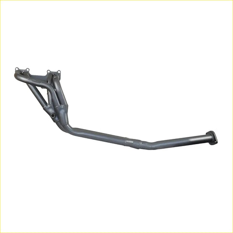 Black metal exhaust manifold with curved branches and flanged ends for pintara 2l ca20e rwd gasket dsf711c
