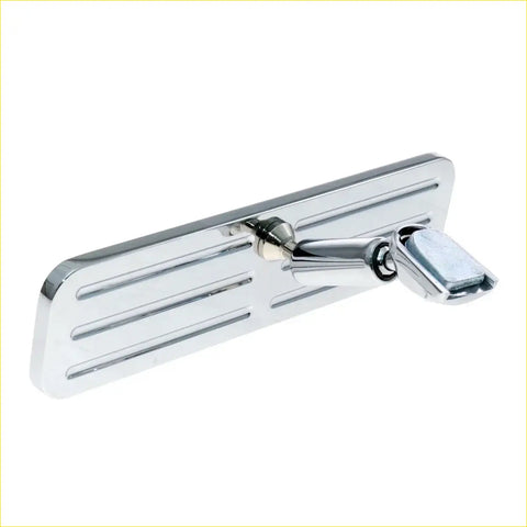 Polished rear view chrome mirror for chevy ford mopar with sleek ribbed design and adjustable arm seen from back side