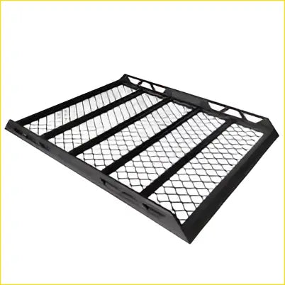 Powder coated black aluminium overhanging ute roof rack with grid pattern and reinforced frame