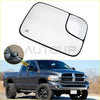 Black-framed two-piece power heated towing mirror glass with reflective surface and logo for dodge ram trucks