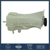Off-white plastic power steering pump reservoir with black cap and multiple ports for ford f-250 f-550 2007-2010