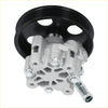 Silver aluminum power steering pump with black ribbed pulley and threaded fittings for dodge caravan chrysler town & country