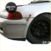 White sports car with black racing wheels and red accents showing quick release fasteners for bumpers and trunks